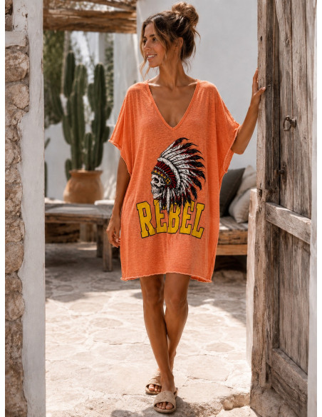 Vestido Camiseta Rebel – Estampado Tribal en naranja