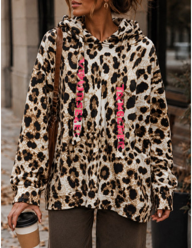 Sudadera print con capucha y detalles en fucsia