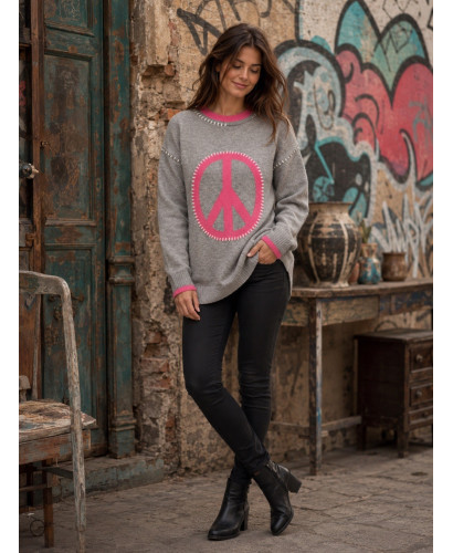 Suéter gris con símbolo de la paz en rosa