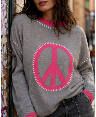Suéter gris con símbolo de la paz en rosa 2