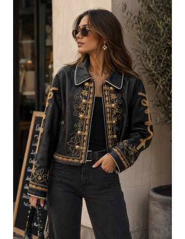 Biker bordada efecto piel negra