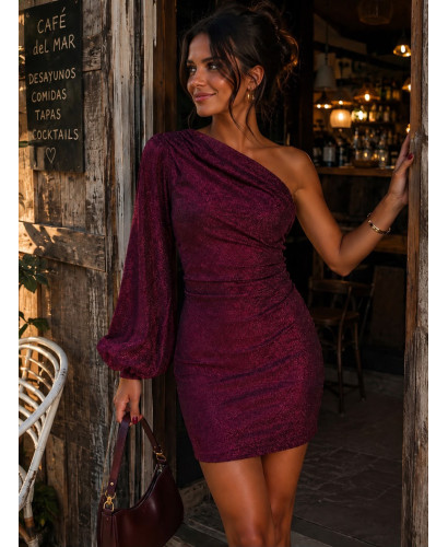 Vestido asimétrico burdeos-rosa  con manga abullonada y...