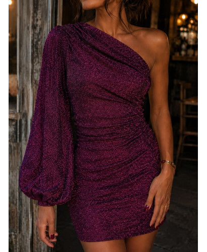 Vestido asimétrico burdeos-rosa  con manga abullonada y... 2