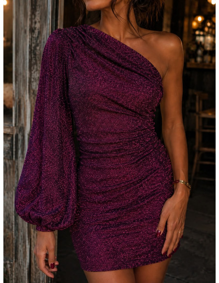 Vestido asimétrico burdeos-rosa  con manga abullonada y brillo