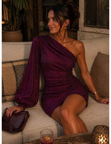 Vestido asimétrico burdeos-rosa  con manga...