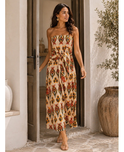 Vestido Palabra de Honor crudo con estampado y Lazada...