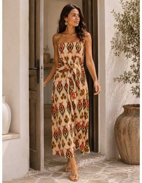 Vestido Palabra de Honor crudo con estampado y Lazada Frontal