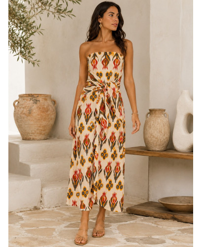 Vestido Palabra de Honor crudo con estampado y Lazada... 2