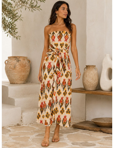 Vestido Palabra de Honor crudo con estampado y...