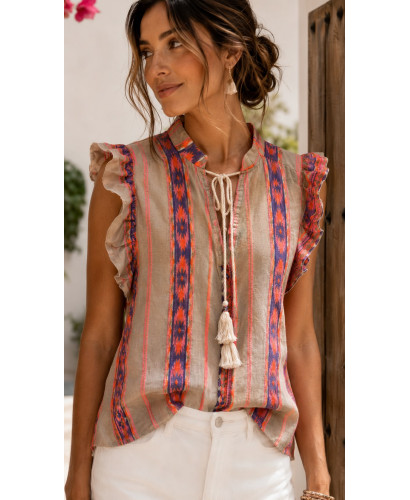 Blusa Bordada Estampada con Volantes y Escote de Pico...