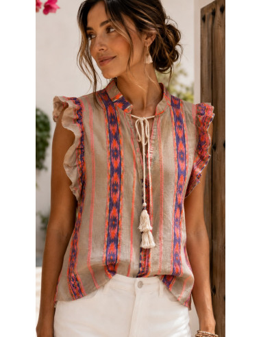 Blusa Bordada Estampada con Volantes y Escote...