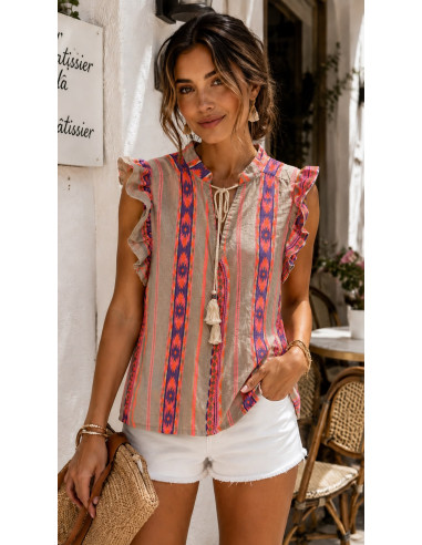 Blusa Bordada Estampada con Volantes y Escote...