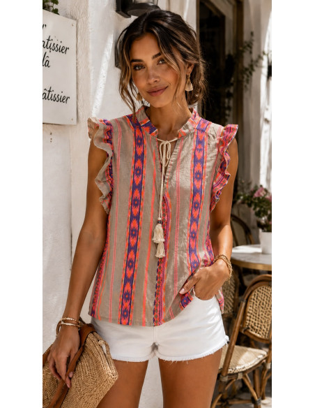 Blusa Bordada Estampada con Volantes y Escote de Pico tostada