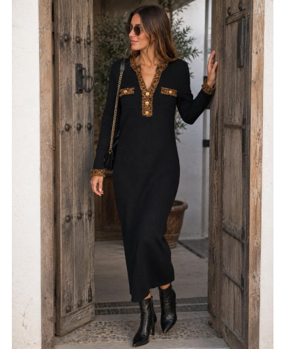 Vestido de punto canalé negro con detalles animal print