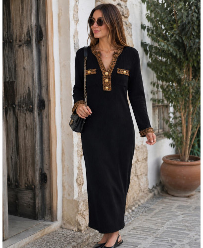 Vestido de punto canalé negro con detalles animal print 2