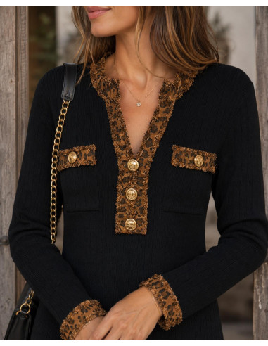 Vestido de punto canalé negro con detalles...
