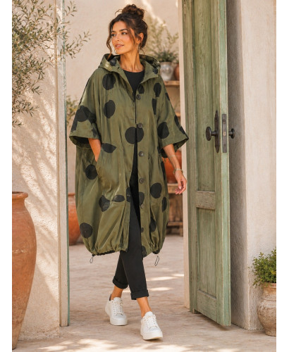 Parka Kaki Oversize con Lunares Negros y Capucha