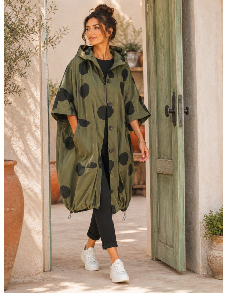 Parka Kaki Oversize con Lunares Negros y Capucha