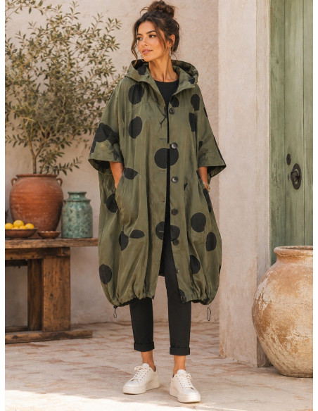 Parka Kaki Oversize con Lunares Negros y Capucha