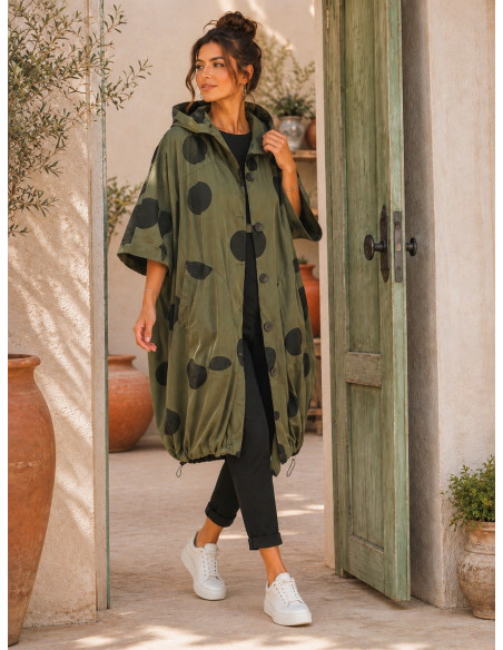 Parka Kaki Oversize con Lunares Negros y Capucha