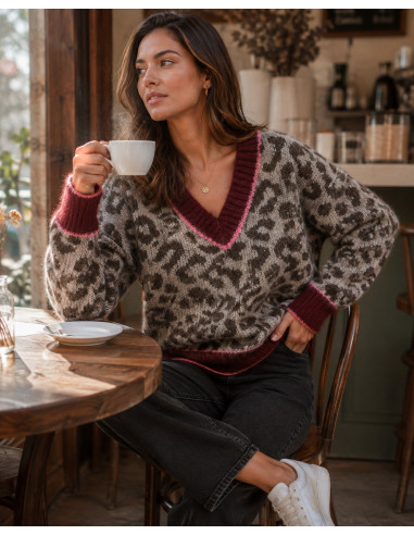 Suéter Animal Print con Escote de Pico y...