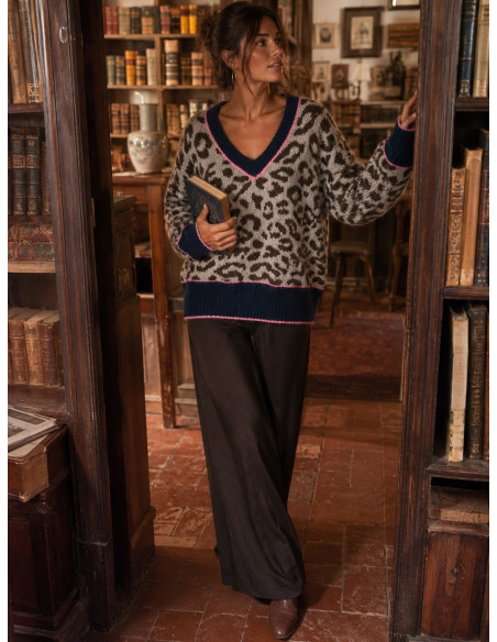 Suéter Animal Print con Escote de Pico y Detalles azul