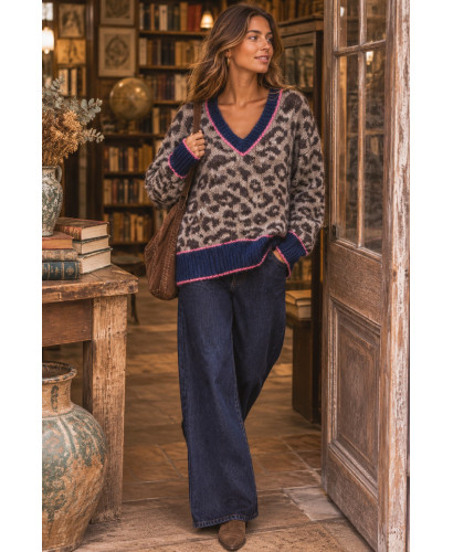 Suéter Animal Print con Escote de Pico y Detalles azul 2