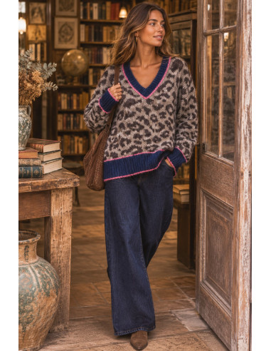 Suéter Animal Print con Escote de Pico y...