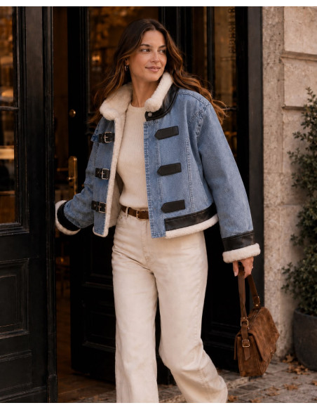 Chaqueta vaquera con pelo suave y detalles en efecto piel negra