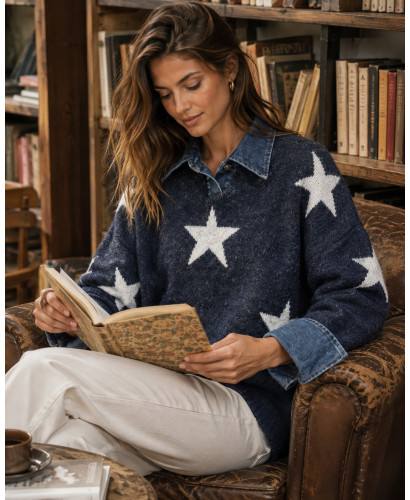Suéter Azul con Estrellas y Detalles Denim 2