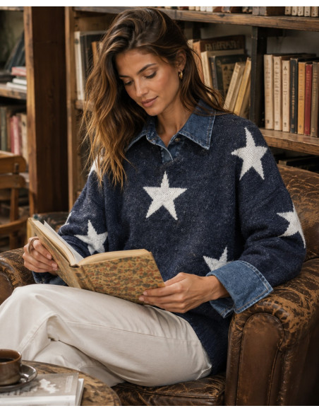 Suéter Azul con Estrellas y Detalles Denim