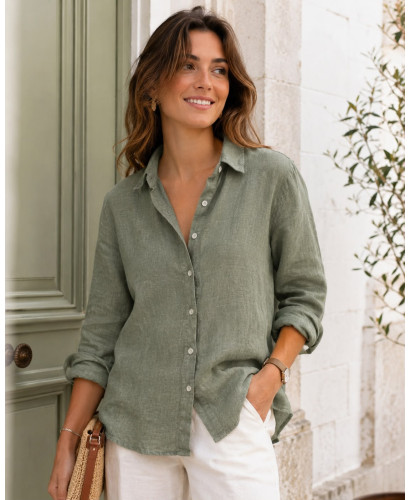 Camisa de Lino Verde de Manga Larga 🌿