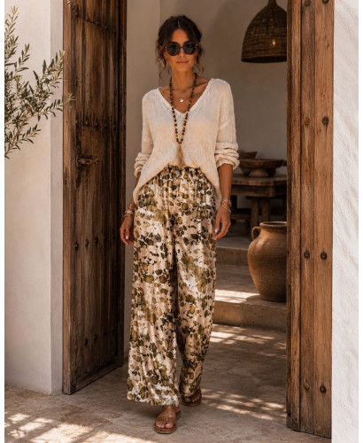 Pantalón satén estampado tonos verdes y marrón 2