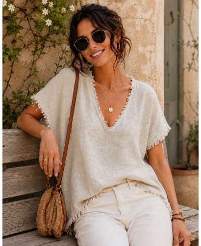 Blusa de Lino cruda con Escote de Pico y Acabado Desflecado 2