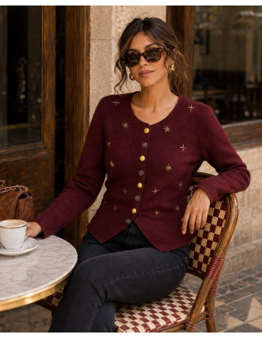 Chaqueta de punto joya en granate con abalorios...