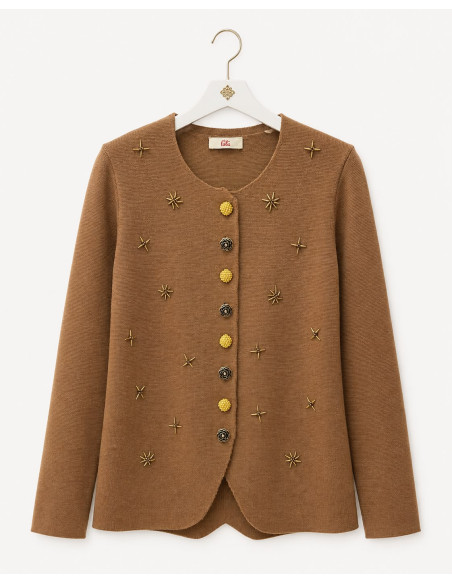 Chaqueta de punto joya en marrón con abalorios y botones combinados