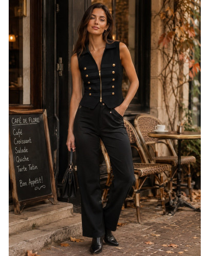 Top de punto negro con cuello, escote de pico y botones... 2