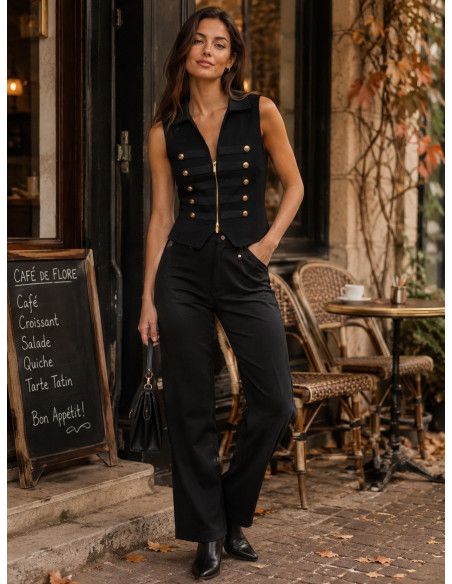 Top de punto negro con cuello, escote de pico y botones dorados