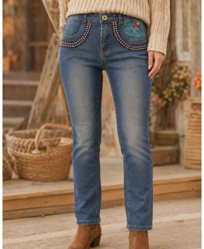 Pantalón Vaquero Pitillo con Detalles en los Bolsillos