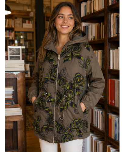 Parka Verde Kaki Bordada con Lentejuelas y Capucha