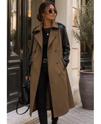 🖤 Gabardina Chocolate con Mangas de Efecto Piel 🖤