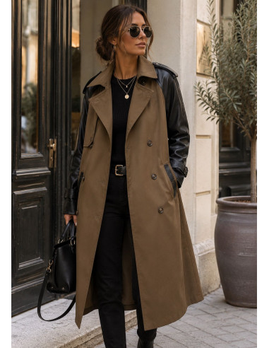 🖤 Gabardina Chocolate con Mangas de Efecto Piel 🖤