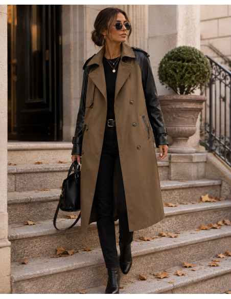 🖤 Gabardina Chocolate con Mangas de Efecto Piel 🖤