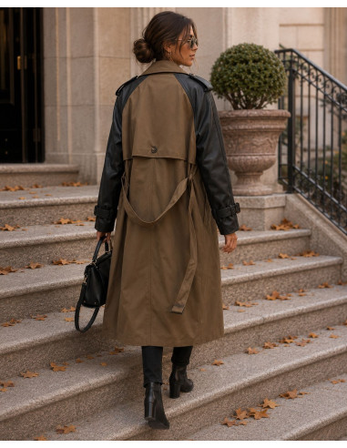 🖤 Gabardina Chocolate con Mangas de Efecto Piel 🖤