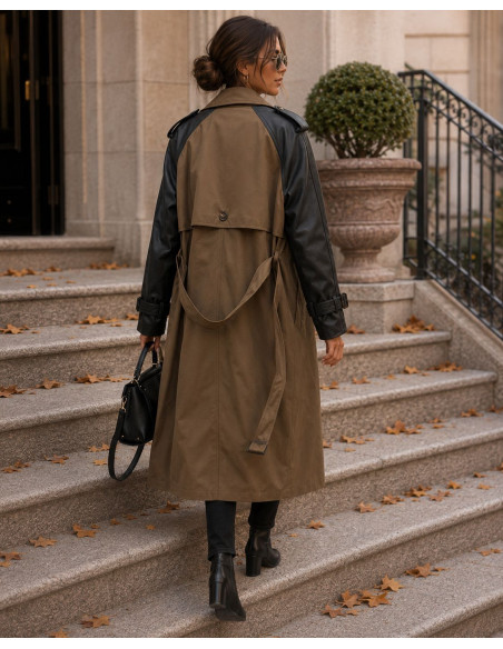 🖤 Gabardina Chocolate con Mangas de Efecto Piel 🖤