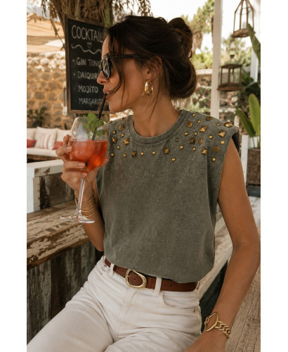 Camiseta verde Lavada con Hombreras y Tachas Bronce