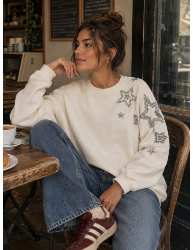 Sudadera Cruda con Estrellas de Abalorios...