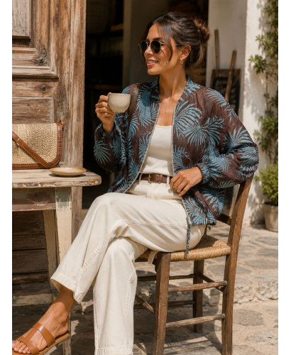 Bomber Chocolate con Estampado Turquesa
