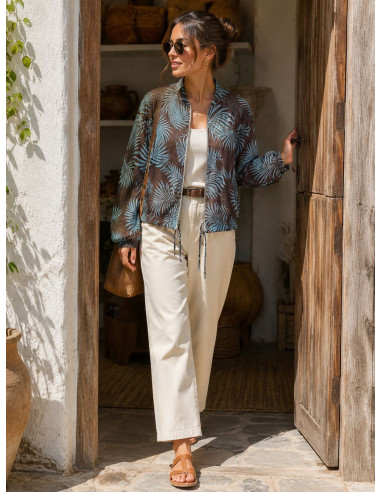 Bomber Chocolate con Estampado Turquesa