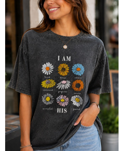 🌸 Camiseta Gris Efecto Lavado con Flores